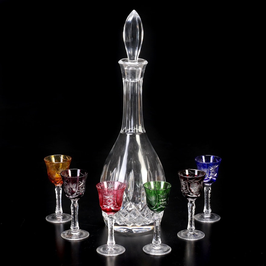 Crystal Decanter and Bohemian Cut to Clear Cordial Glasses