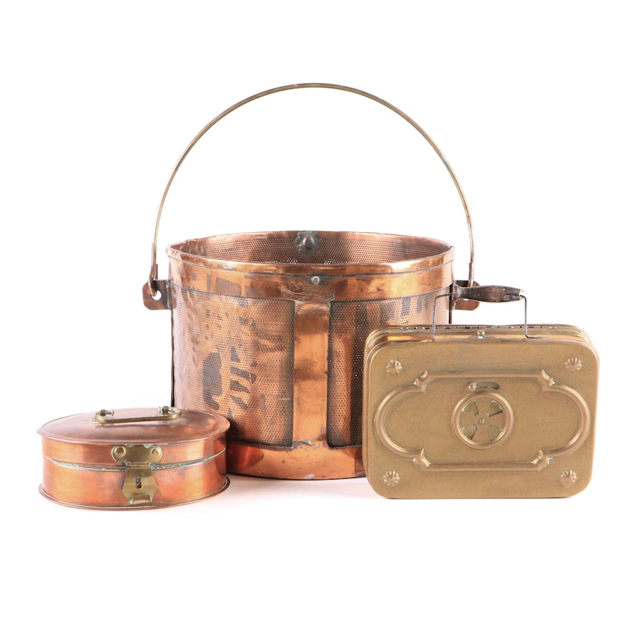 Antique Copper and Brass Strainer Bucket and Fishing Bait Boxes