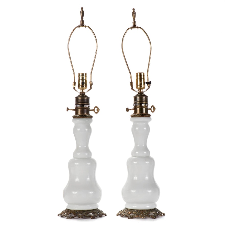 Pair of Victorian Style Milk Glass Table Lamps, Mid-20th Century