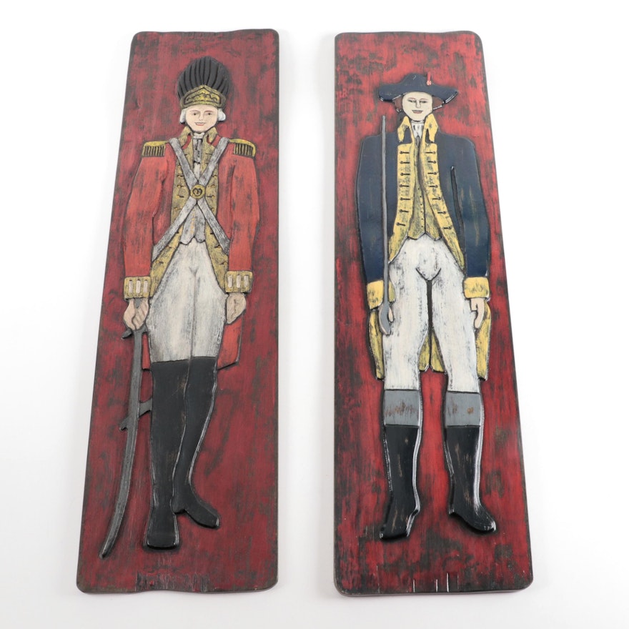 Polychrome Carved Wooden English and American Revolutionary War Soldiers Plaques