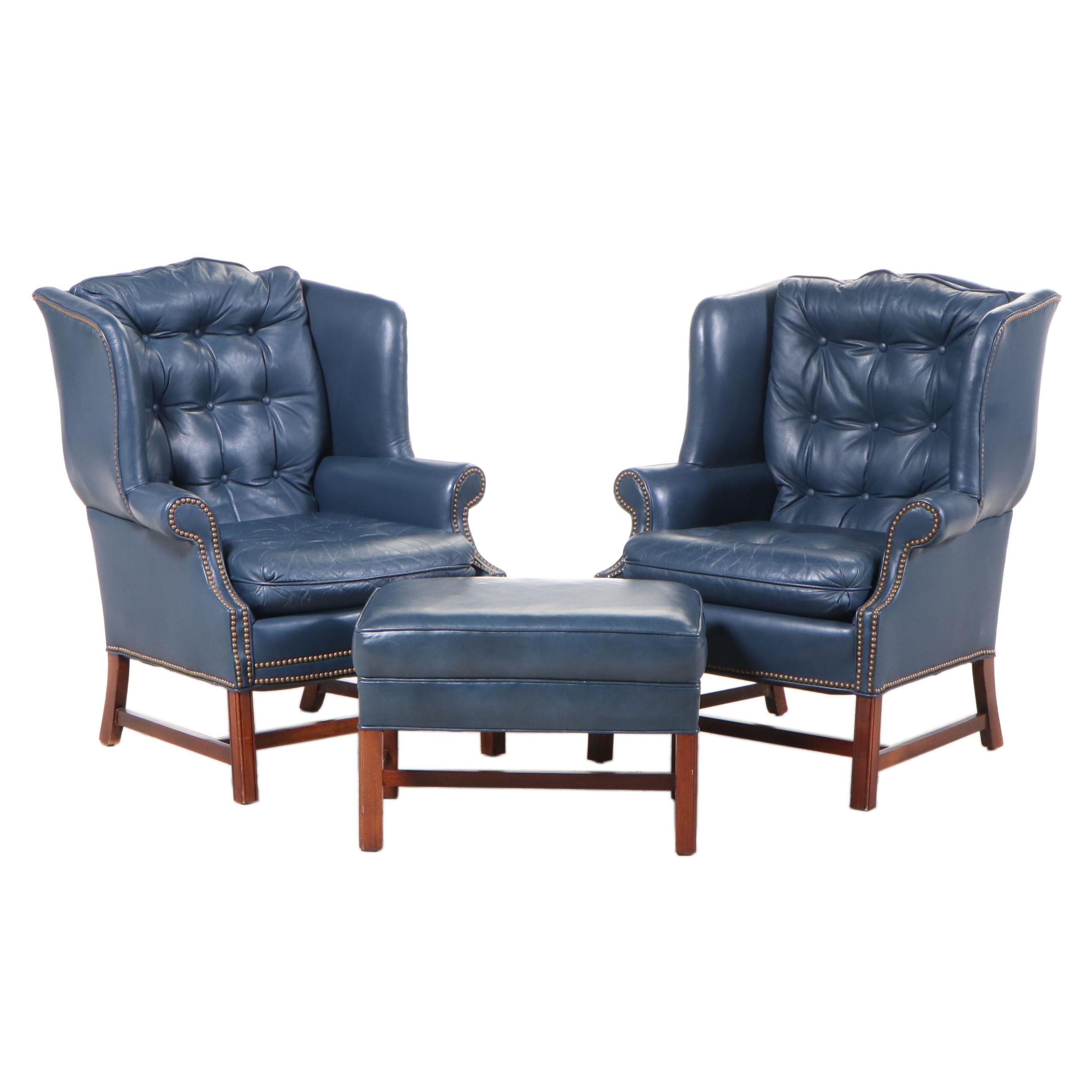 Pair of Century Furniture Leather Wingback Armchairs and Hickory Chair Footstool