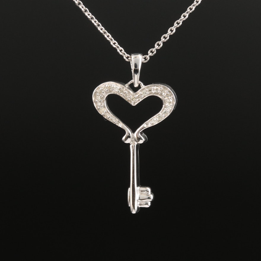 Sterling Diamond Heart and Key Pendant Necklace