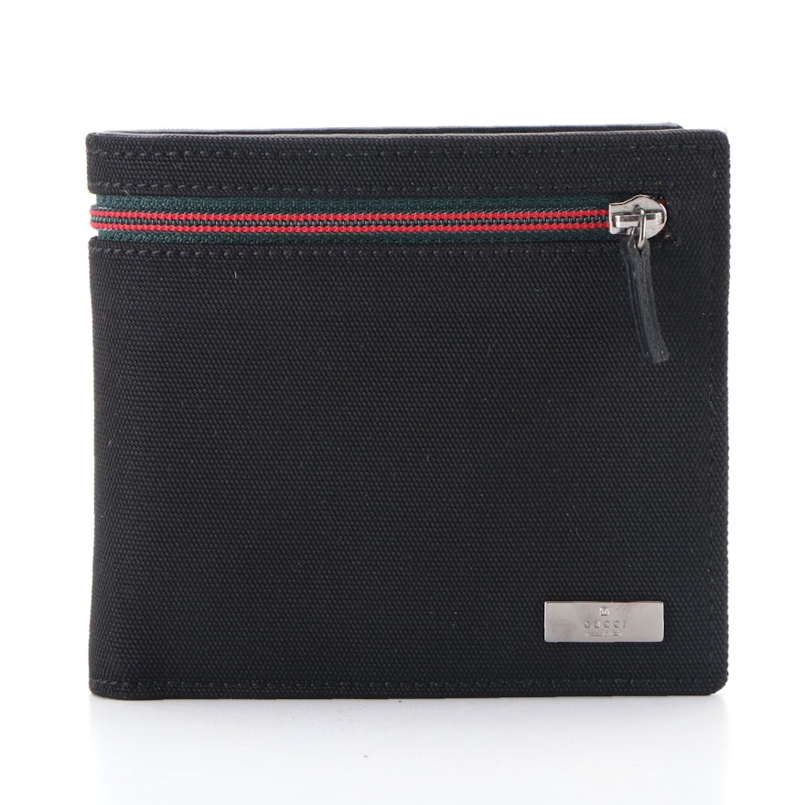 Gucci Bifold Wallet in Black Ballistic Nylon and Black Leather with Box