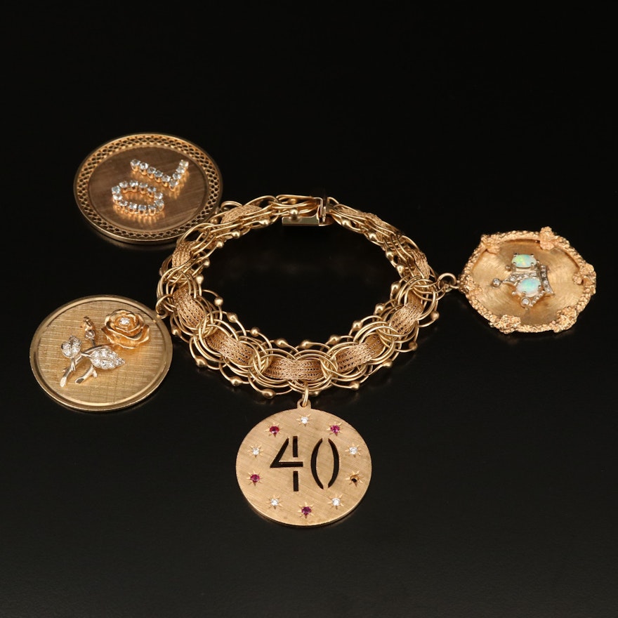 Vintage 14K Disc Charm Bracelet with Crown and Rose Disc Pendants