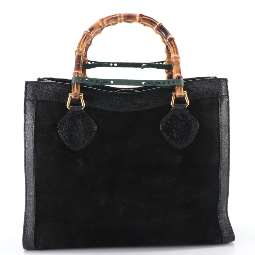 Gucci Diana Bamboo Handle Tote Bag in Black Suede and Leather