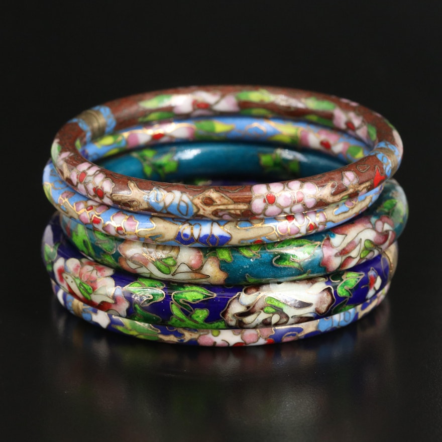 Antique Chinese Cloisonné Enamel Hinged Bangles, Early 20th Century