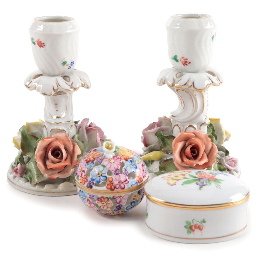 Herend Porcelain Candle Holders, Potpourri, and Trinket Box