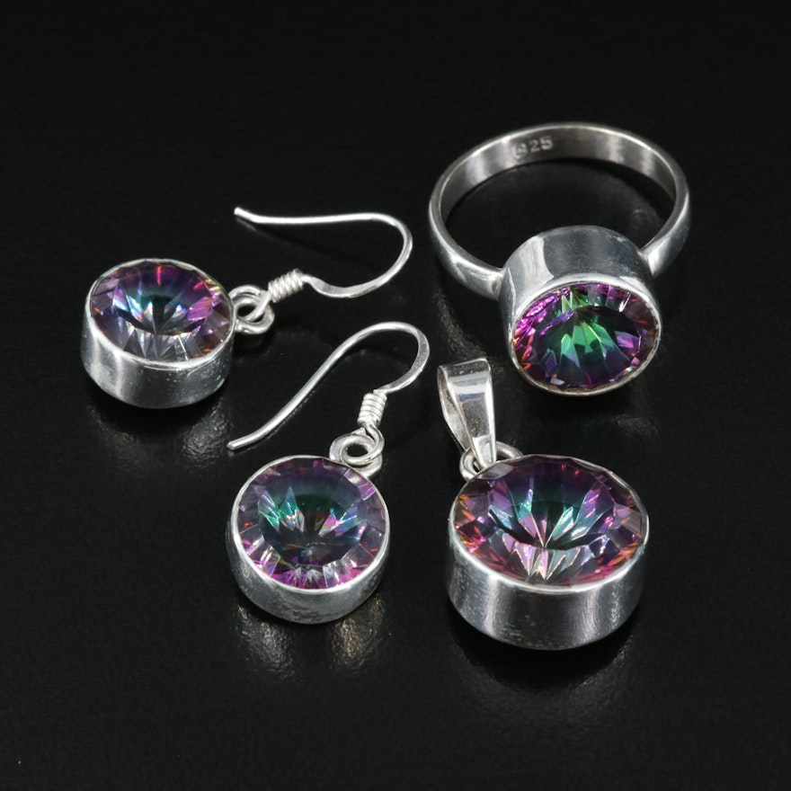 Sterling Bezel Set Faceted Glass Earrings, Ring and Pendant