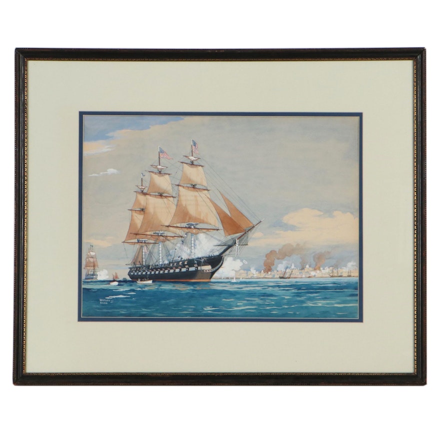 Worden G. Wood Maritime Gouache Painting of Sailing Ship, Early 20th Century