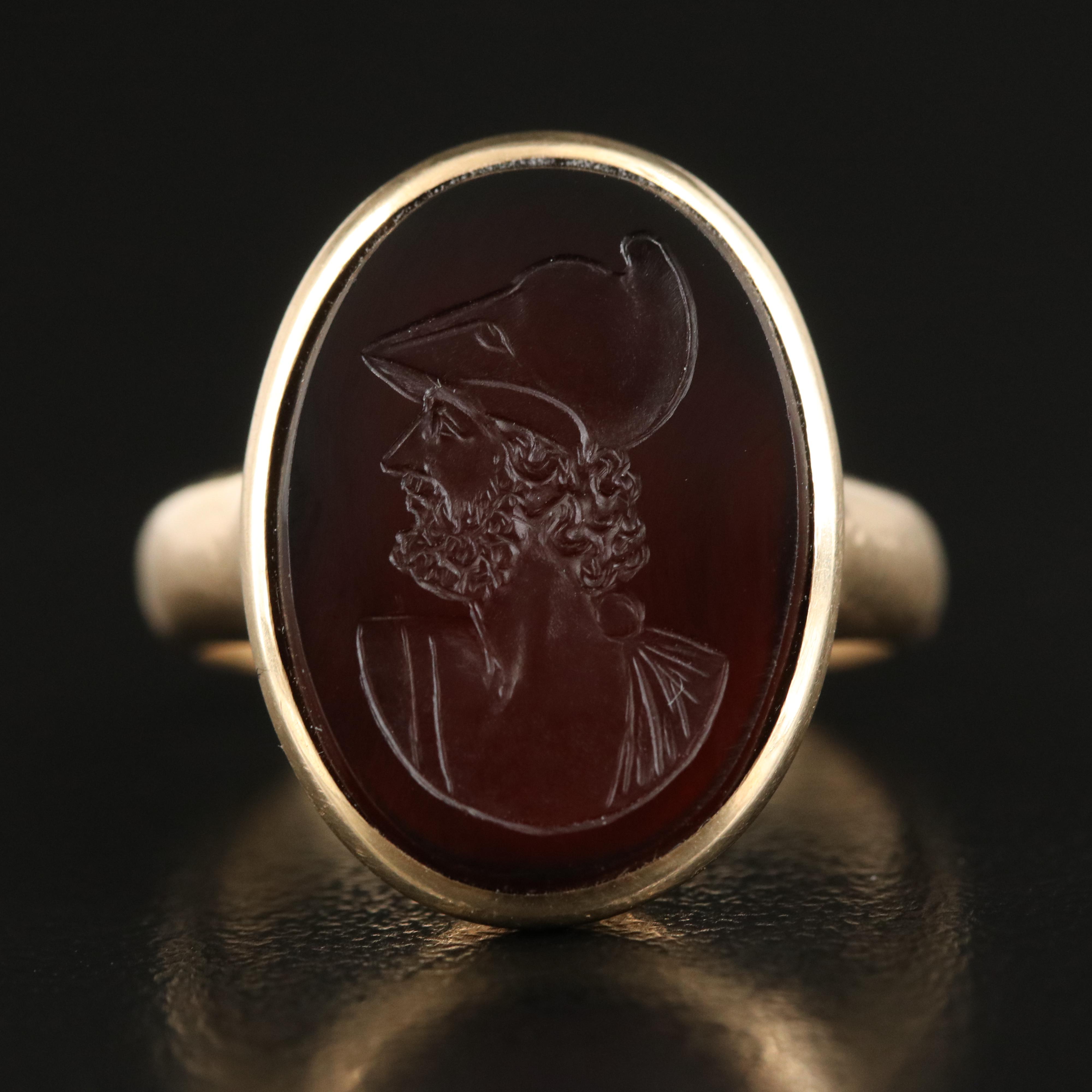 Julius Wodiska 14K Chalcedony Intaglio Signet Ring, depicting Menelaus