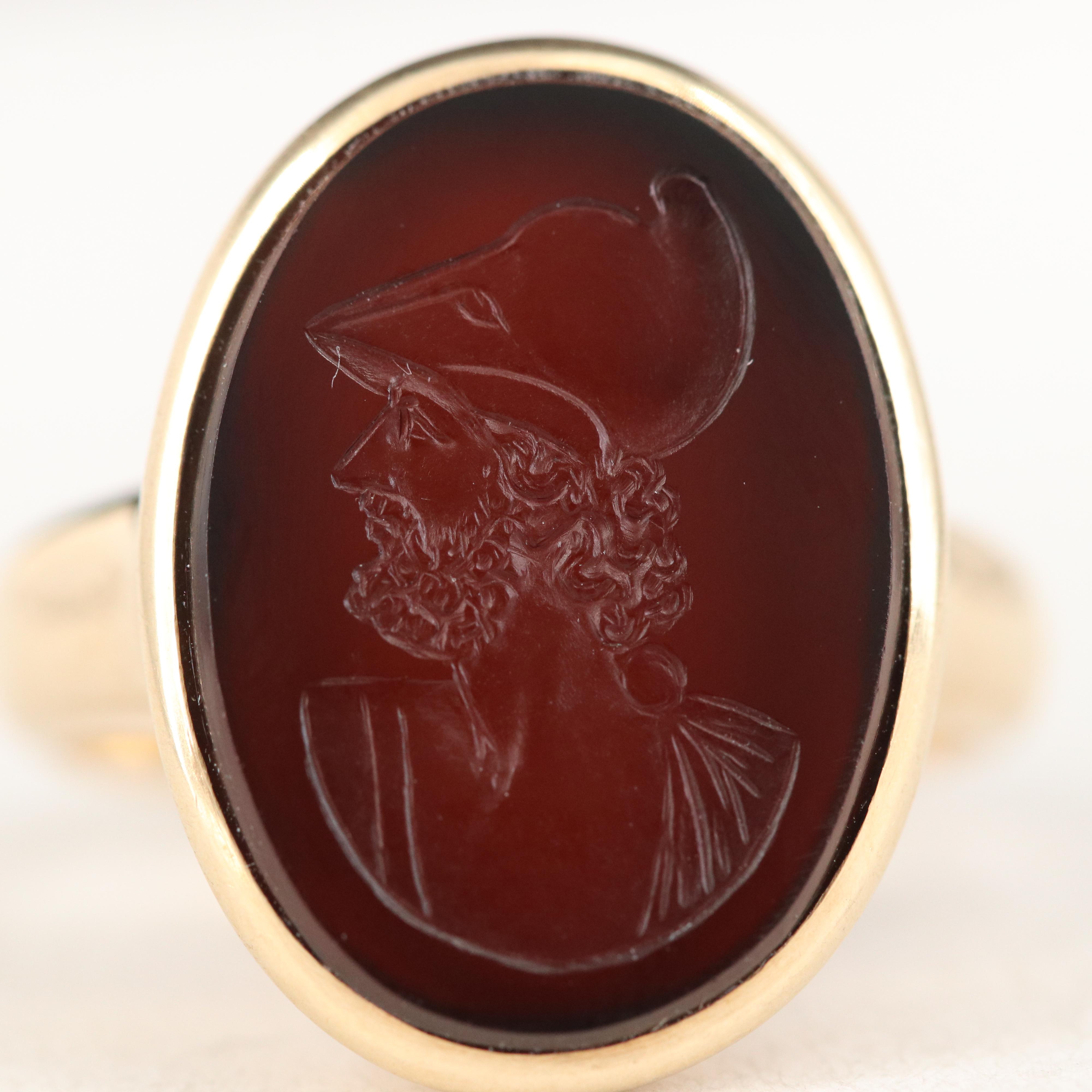 Julius Wodiska 14K Chalcedony Intaglio Signet Ring, depicting Menelaus