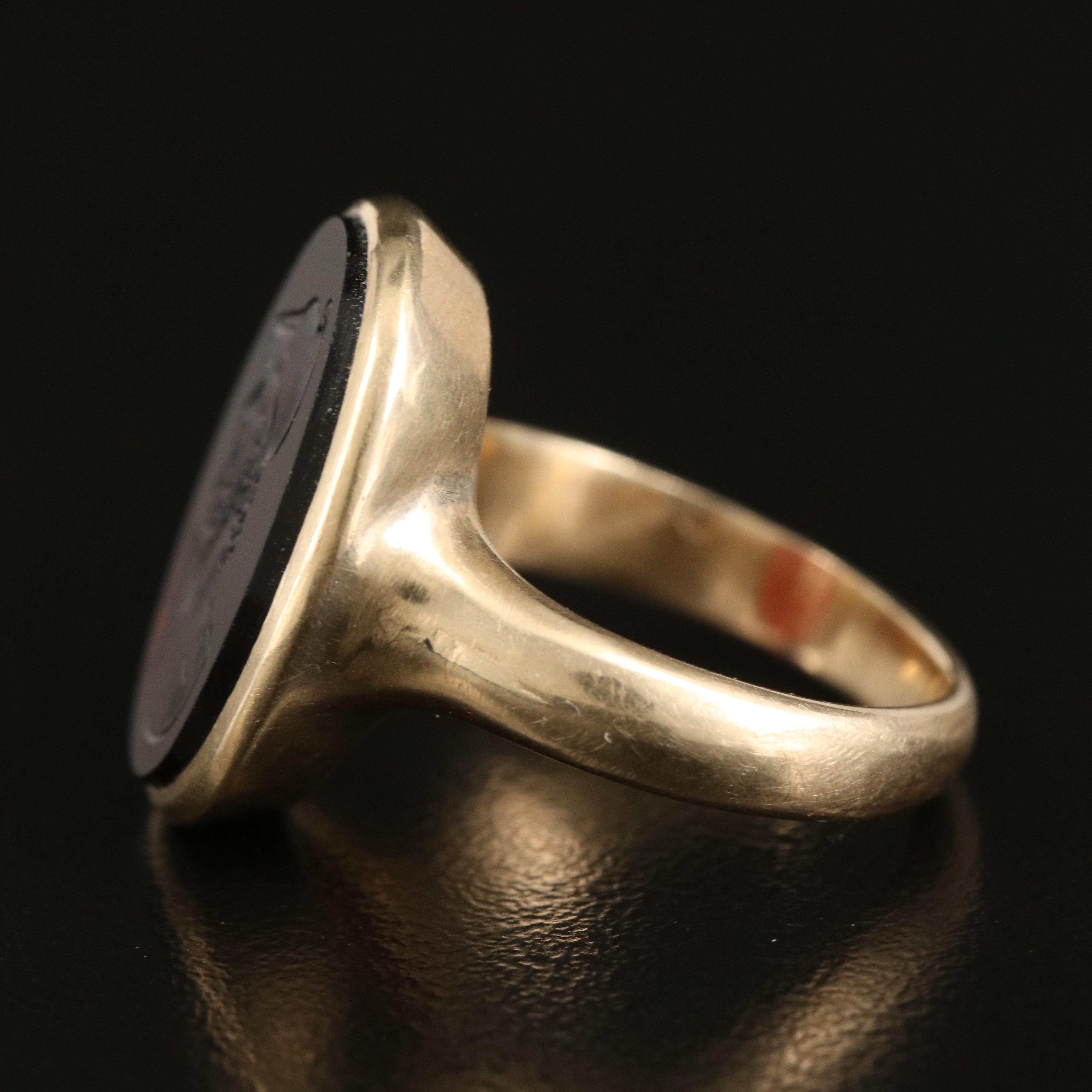 Julius Wodiska 14K Chalcedony Intaglio Signet Ring, depicting Menelaus