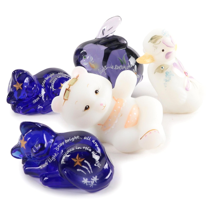 Fenton Hand-Painted Art Glass Cats, Bunny, Reclining Bear and Duck Figurines