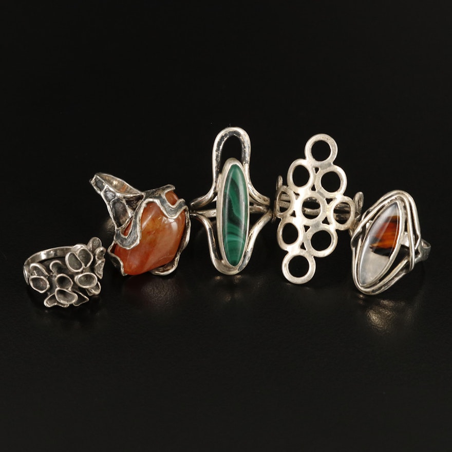 Sterling Rings Including Malachite, Chalcedony and Agate