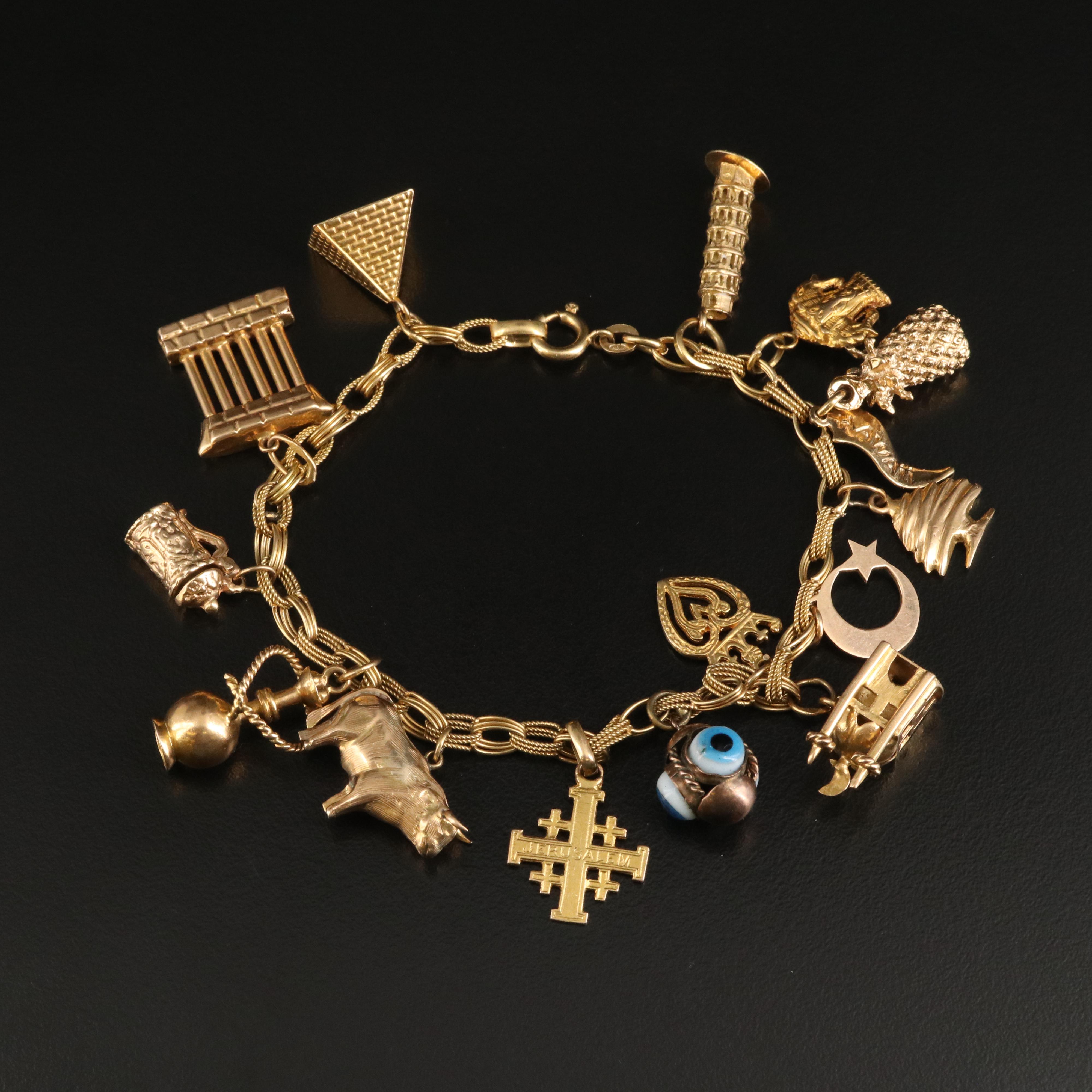 Vintage 18K Travel and Souvenir Themed Charm Bracelet Including 14K