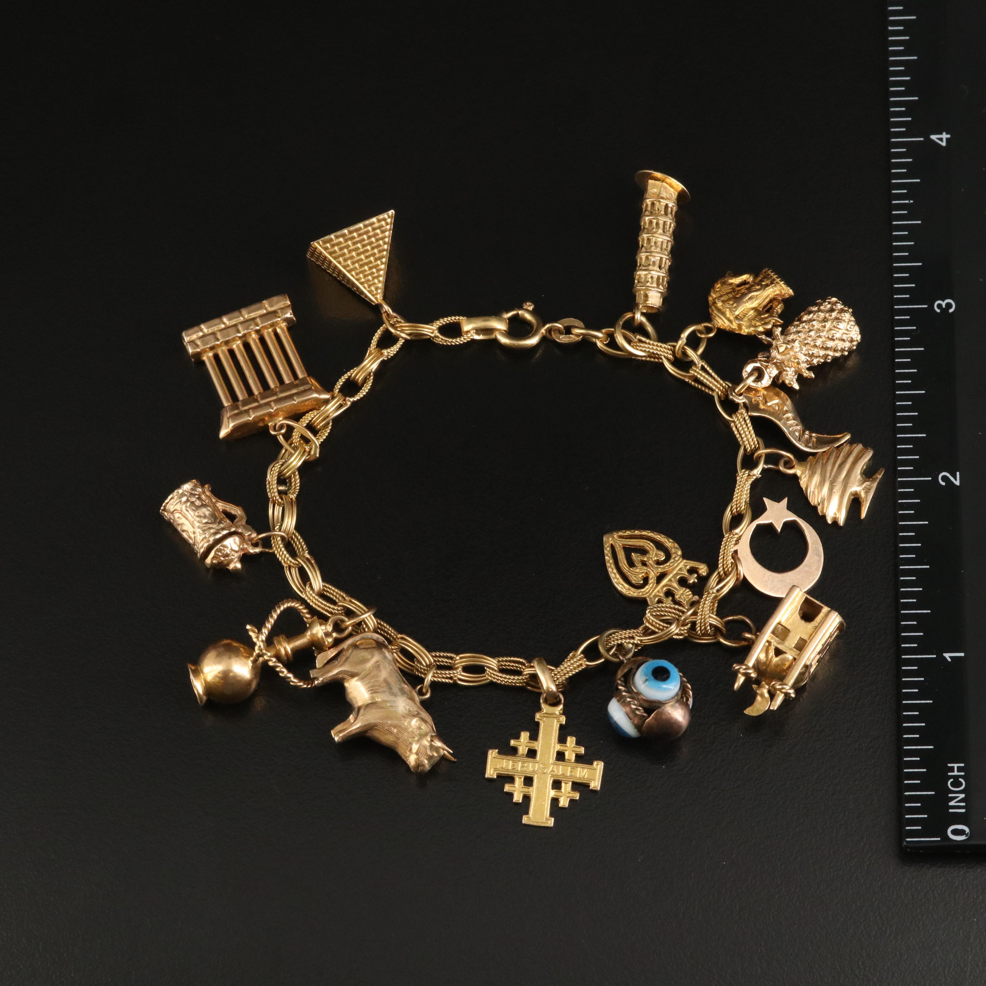 Vintage 18K Travel and Souvenir Themed Charm Bracelet Including 14K
