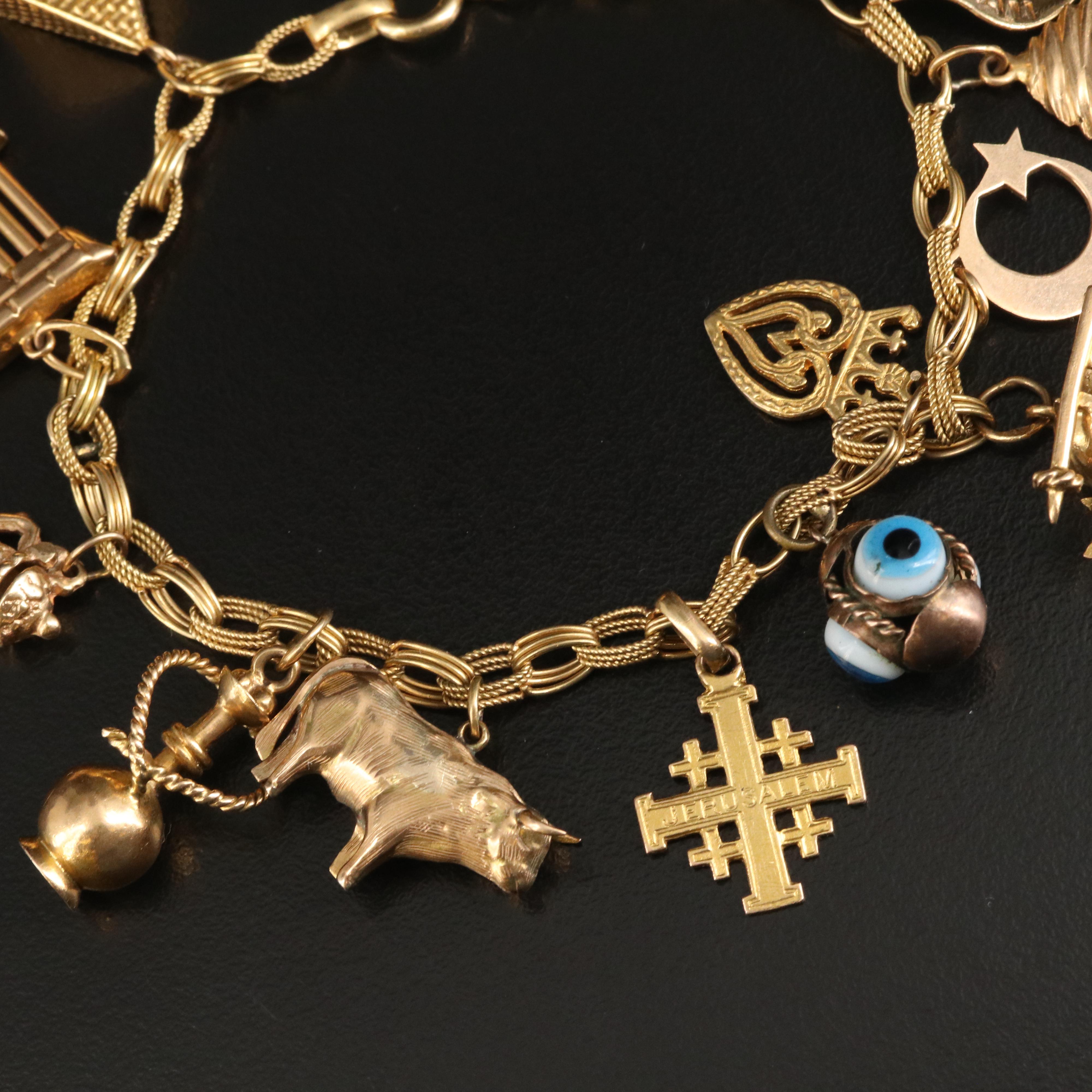Vintage 18K Travel and Souvenir Themed Charm Bracelet Including 14K