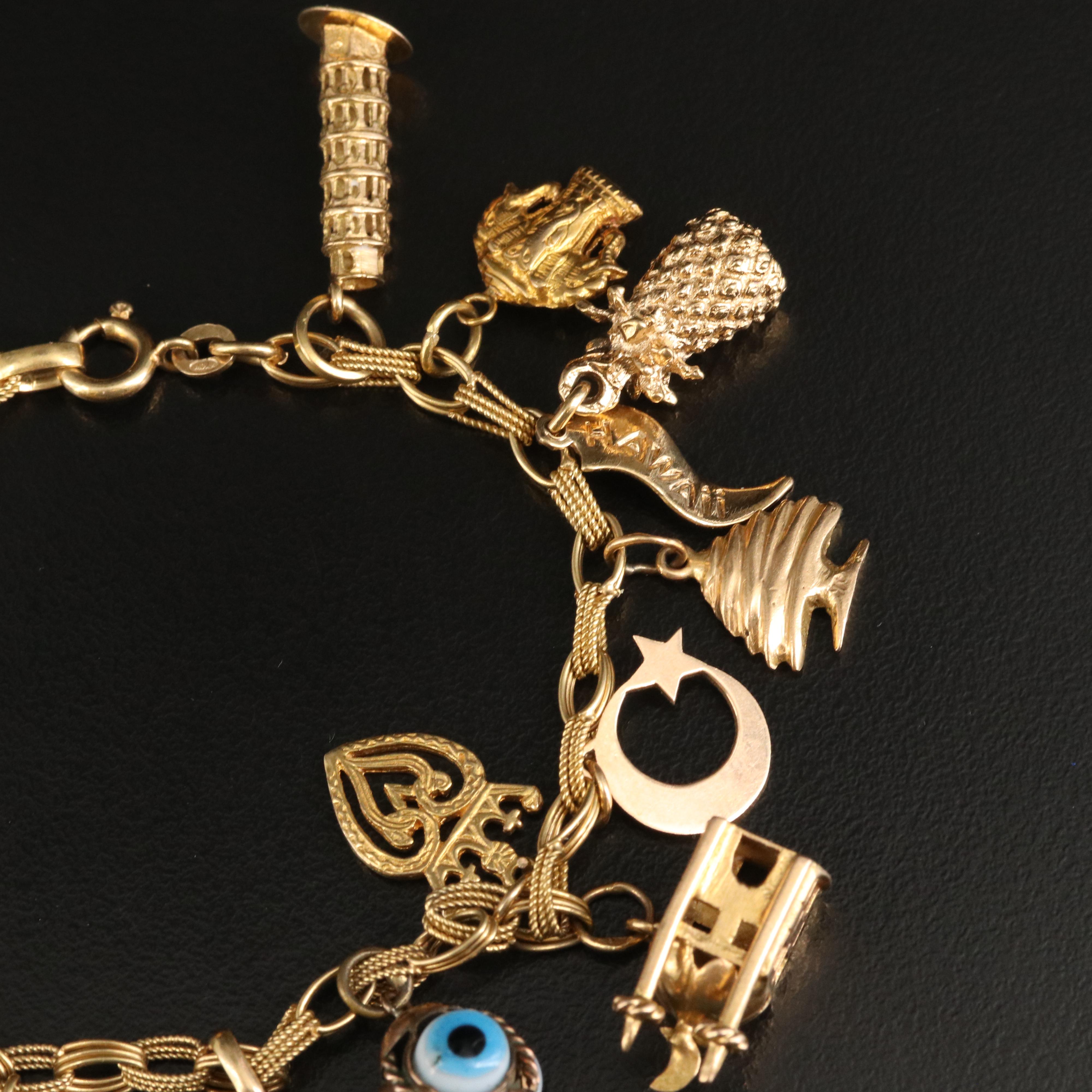 Vintage 18K Travel and Souvenir Themed Charm Bracelet Including 14K