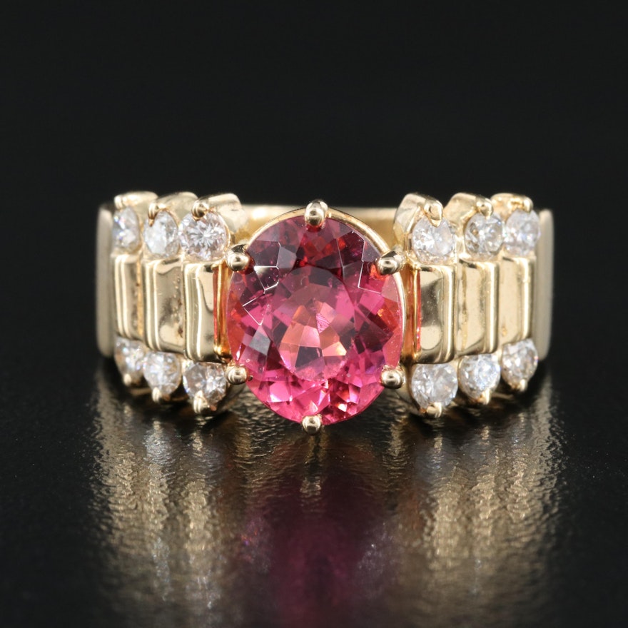 14K Pink Tourmaline and Diamond Ring with Stepped Shoulders