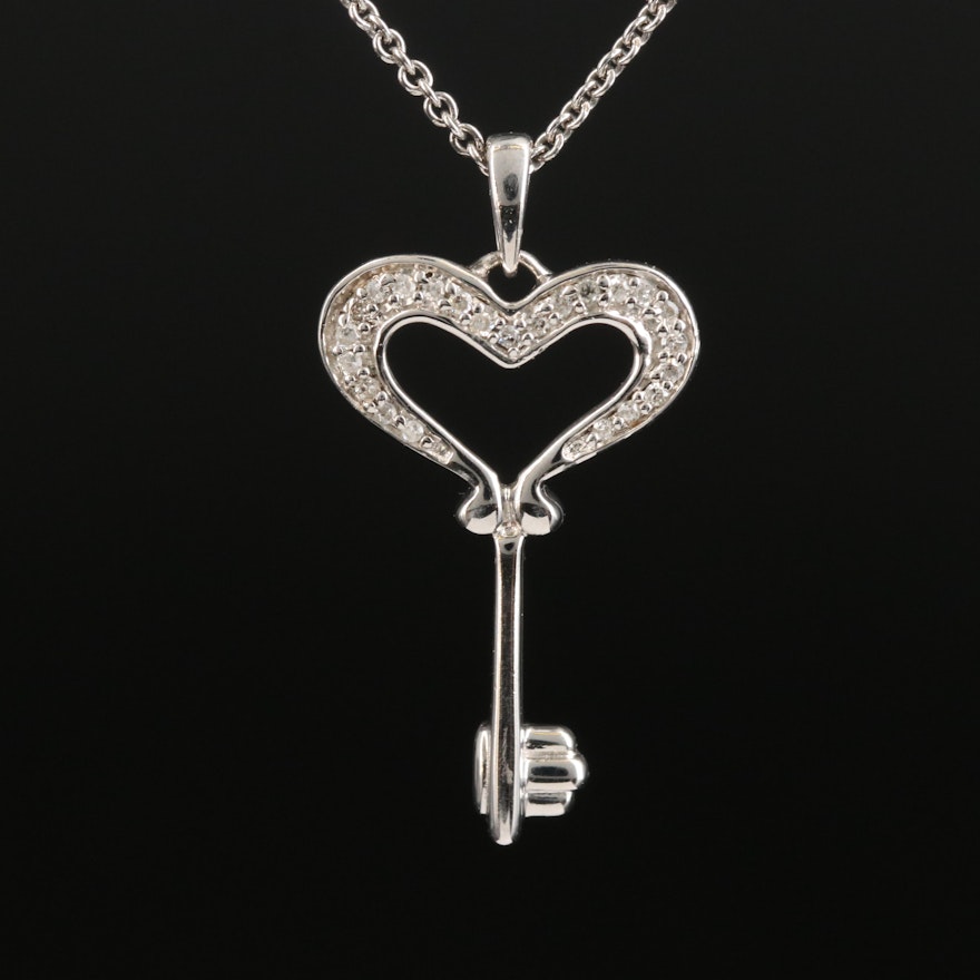 Sterling Diamond Heart Key Pendant Necklace