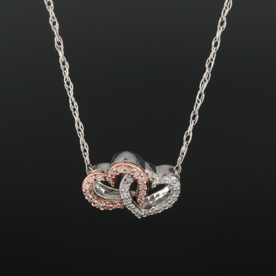 Sterling and 10K Rose Gold Interlocking Hearts Pendant Necklace