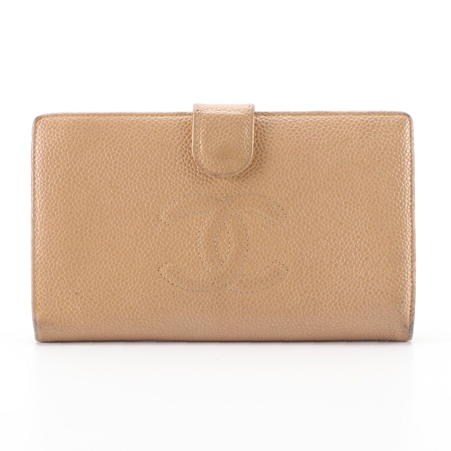 Chanel CC Long Wallet in Beige Caviar Leather