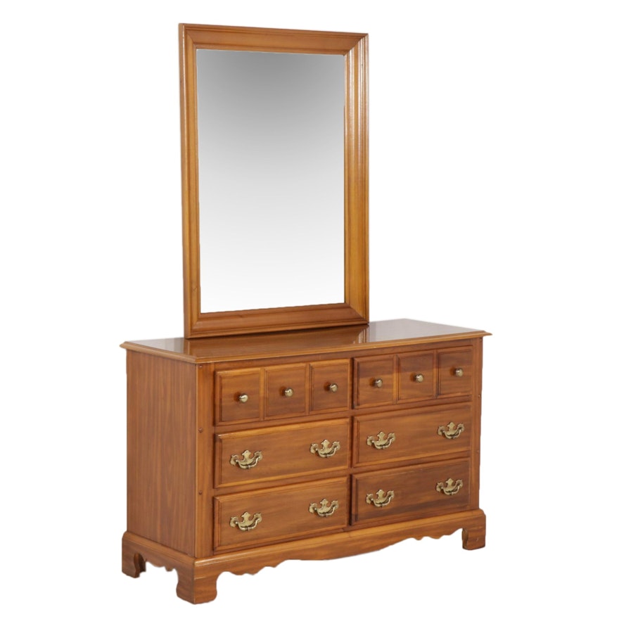 Colonial Style Maple Six-Drawer Dresser with Mirror, Late 20th Century