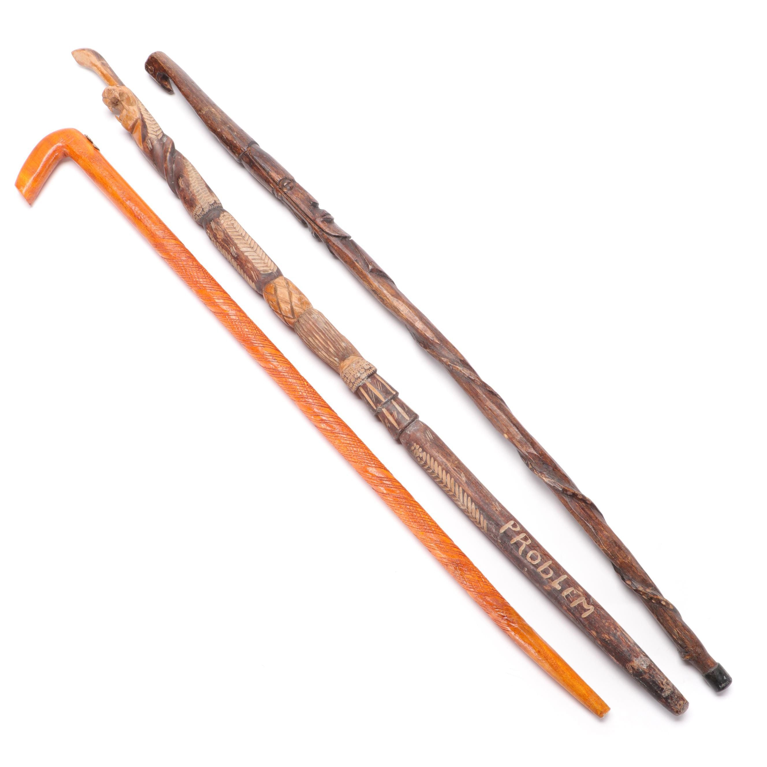 Jamaican Carved Cane and Other Carved Walking Sticks
