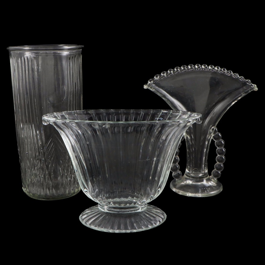 Three Depression Era Molded Glass Vases, 1930s