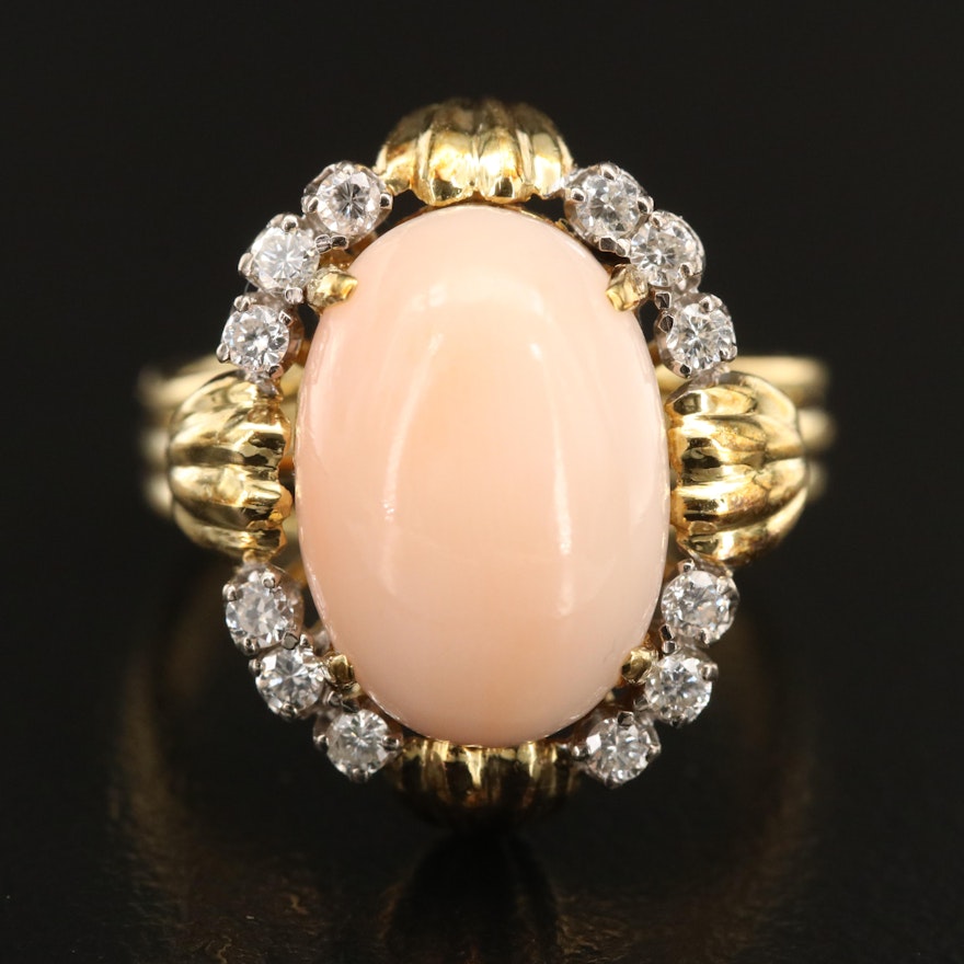 18K Coral and Diamond Ring