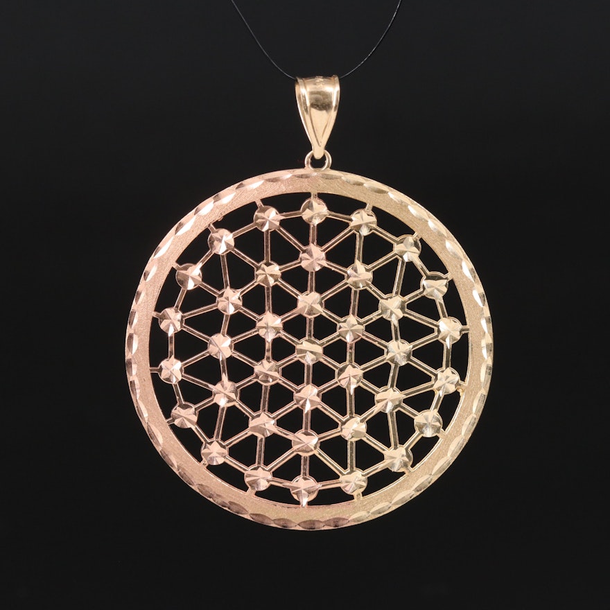 14K Lattice Patterned Pendant with Diamond Cut Accents