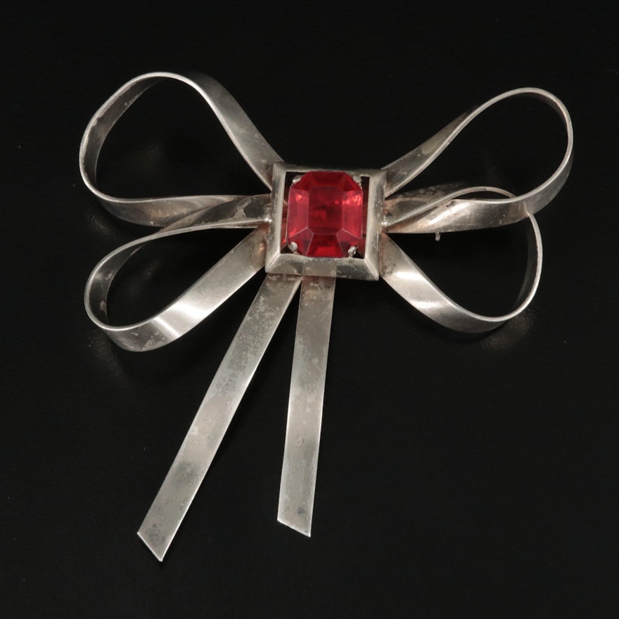 Sterling Glass Bow Brooch