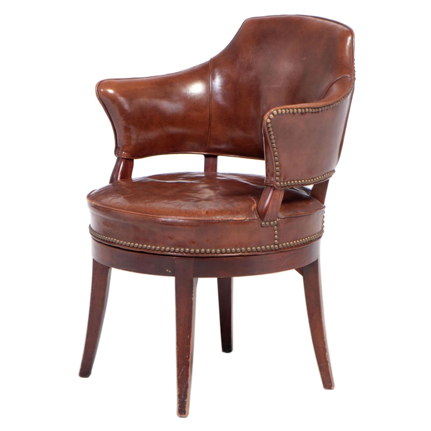 George III Style Mahogany and Brass-Tacked Brown Leather Swivel Tub Chair