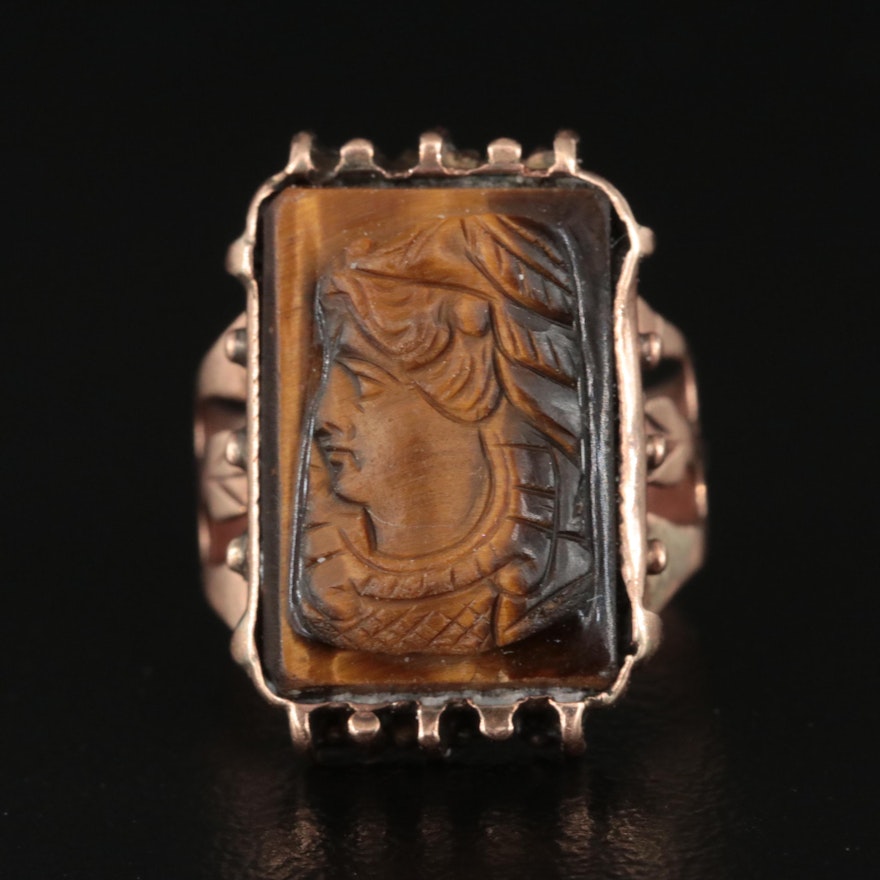 Victorian 10K Rose Gold Carved Tiger's-Eye Ring