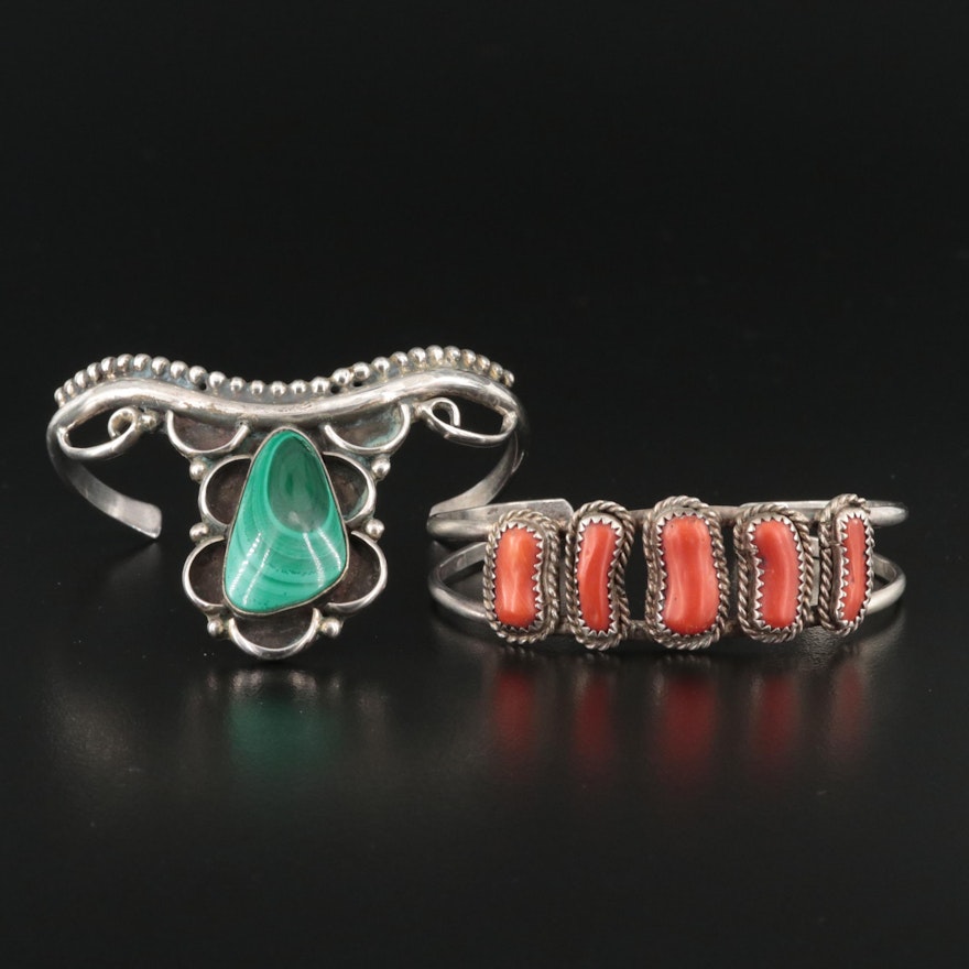 Southwestern Sterling Imitation Malachite and Coral Cuffs