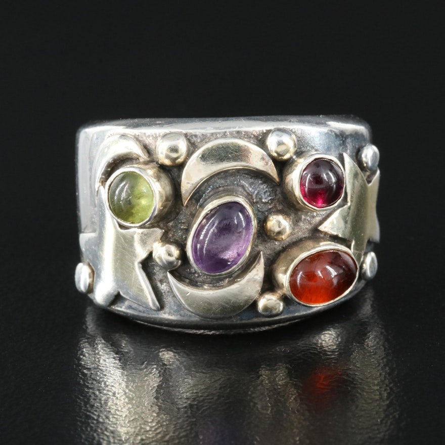 Sterling Crescent Moon and Stars Ring with Amethyst and Peridot