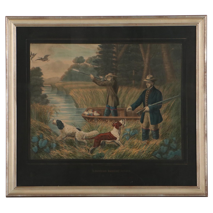 Hand-Colored Lithograph "American Hunting Scenes," Early 20th Century