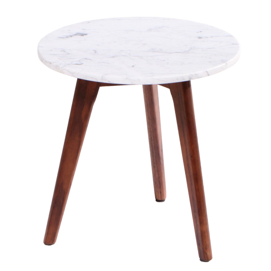 Article "Mara" Modernist Style Walnut-Stained Oak and Marble Top Side Table