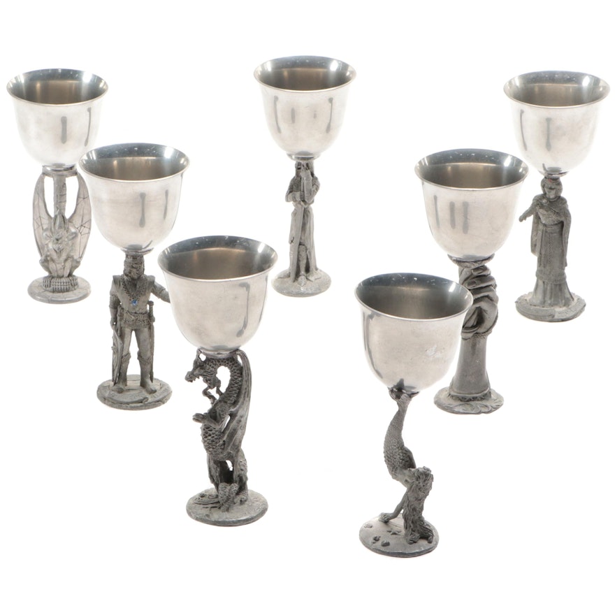 Seven Assembled Pewter Goblets with Medieval Characters