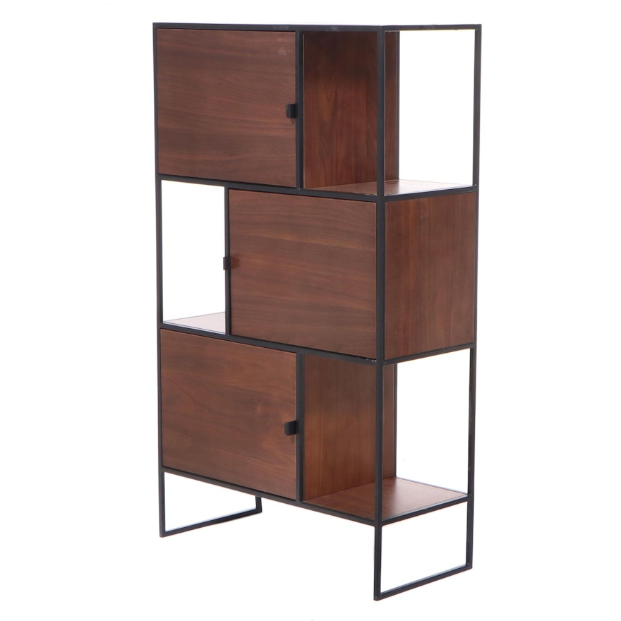 Article "Rictu" Modernist Style Walnut and Black Metal Bookcase