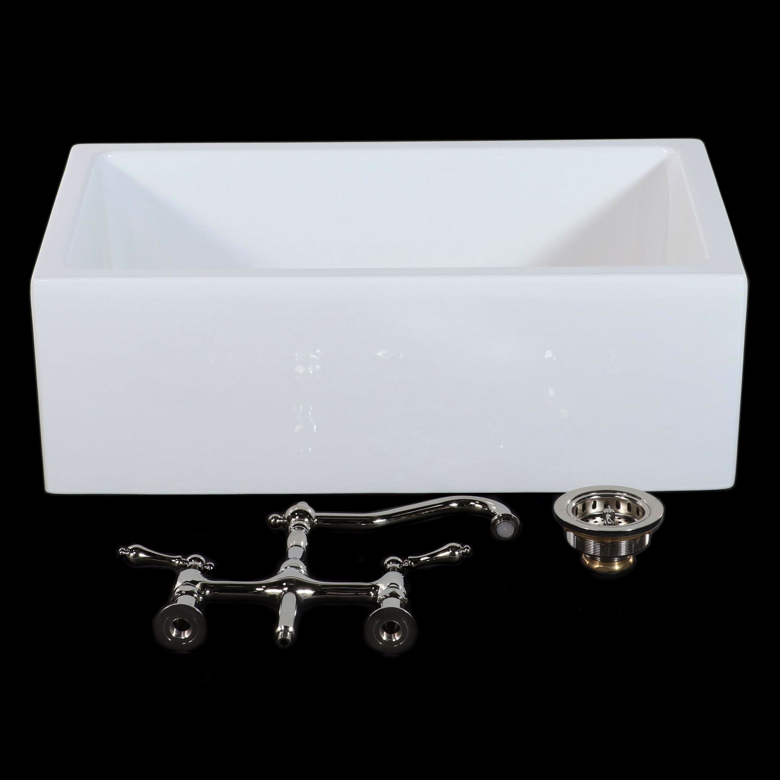 White 30" Fireclay Farmhouse Sink, Chrome Bridge Faucet, Strainer Basket, Drain