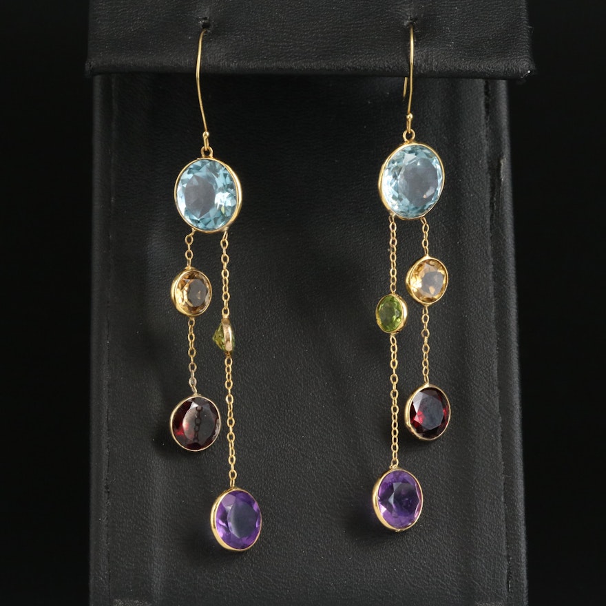 14K Topaz, Peridot and Amethyst Drop Earrings