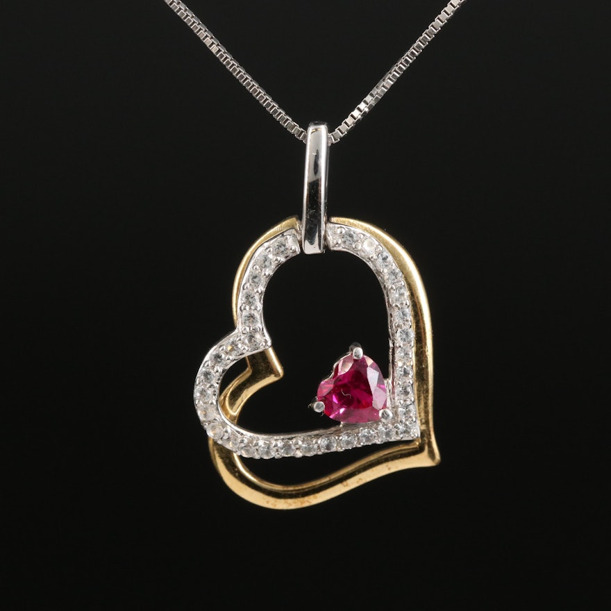 Sterling Ruby and Sapphire Double Heart Pendant Necklace