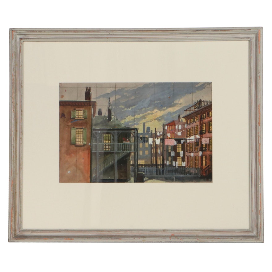 Cityscape Watercolor Painting, Late 20th Century