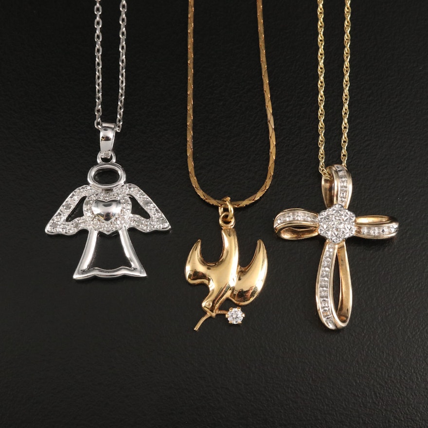 Sterling and Gold-Filled Diamond Cross, Angel and Dove Pendant Necklaces