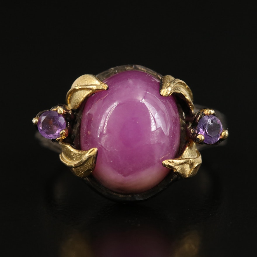 Sterling Ruby and Amethyst Ring with Leaf Shoulders
