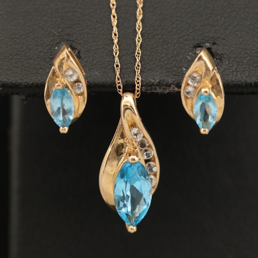 10K Swiss Blue Topaz and Sapphire Drop Earrings and Pendant Necklace