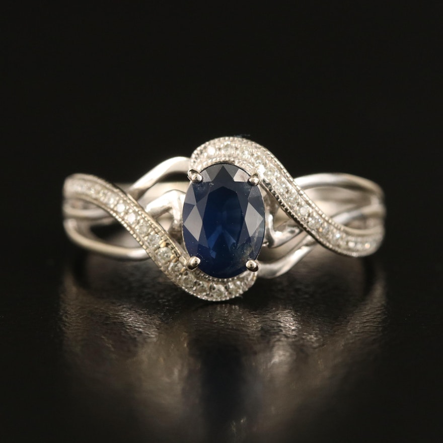 14K Sapphire and Diamond Ring with Crossover Shoulders