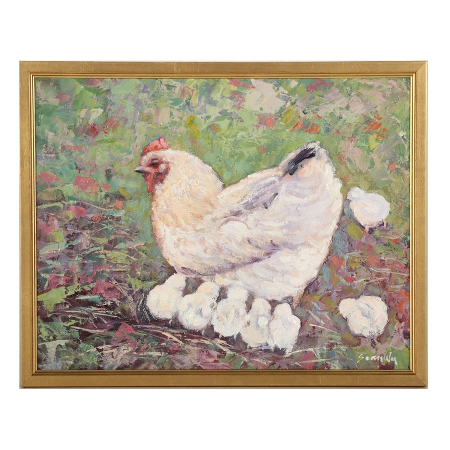 Sean Wu Oil Painting of Mother Hen and Chicks, 2021