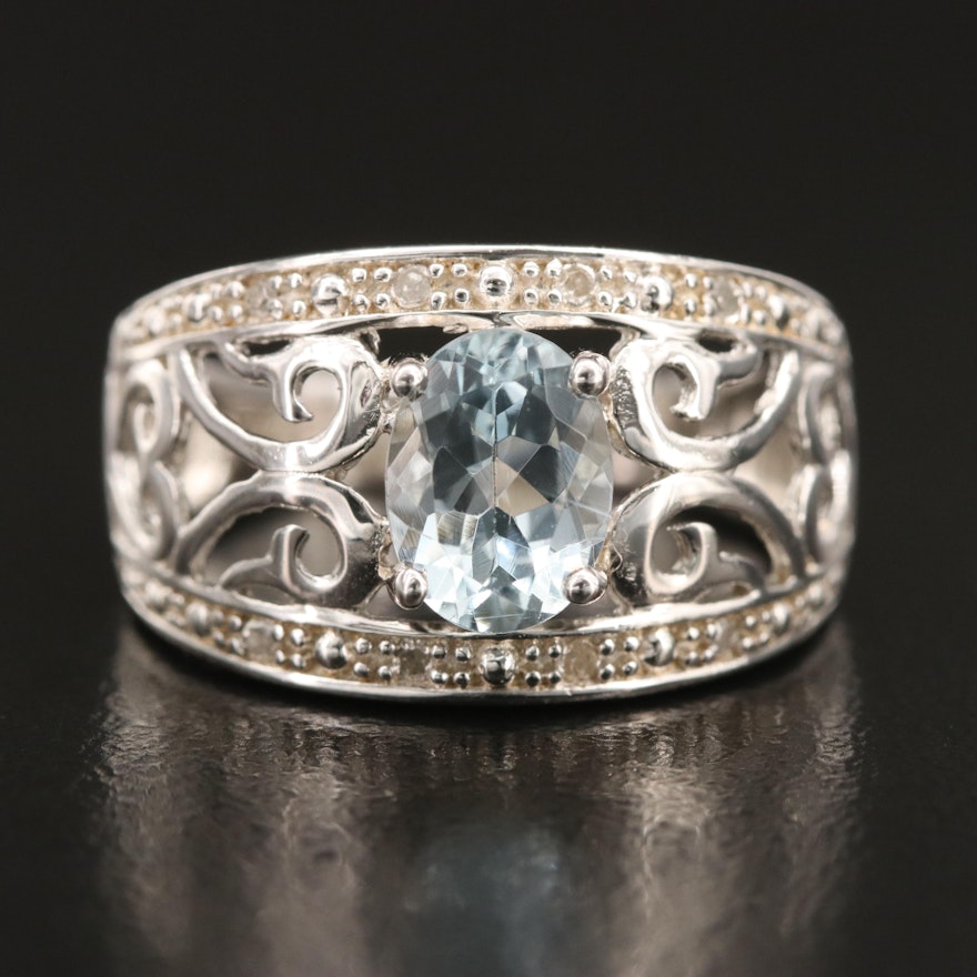 Sterling Aquamarine and Diamond Ring